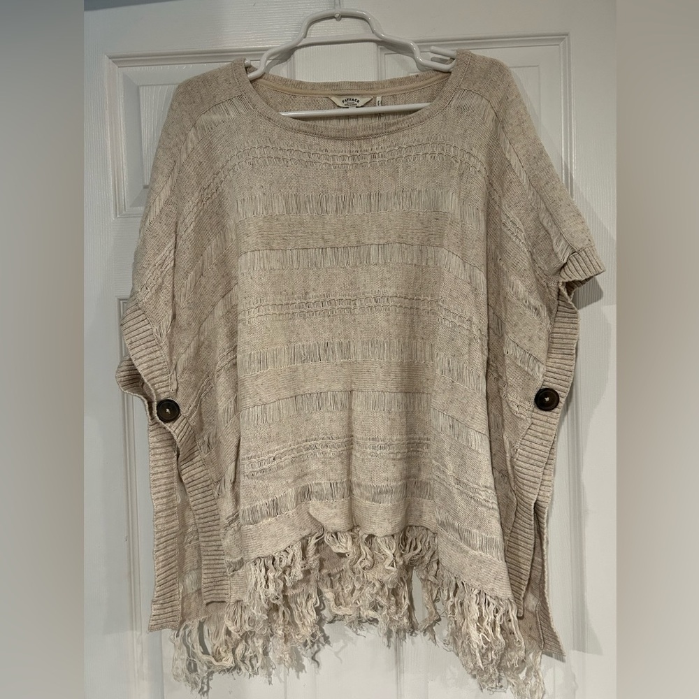 Fat Face Beige Poncho Pullover Open Knit Fringe
Wide Neck Button Medium/Large